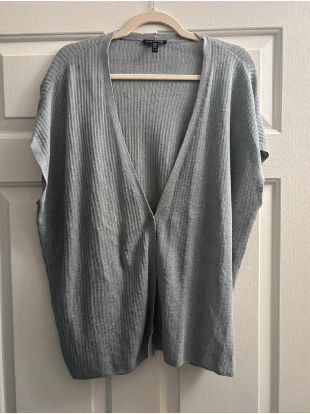 Eileen Fisher Soft Gray Ribbed Button or Open-Front Cardigan in XL 100% Linen